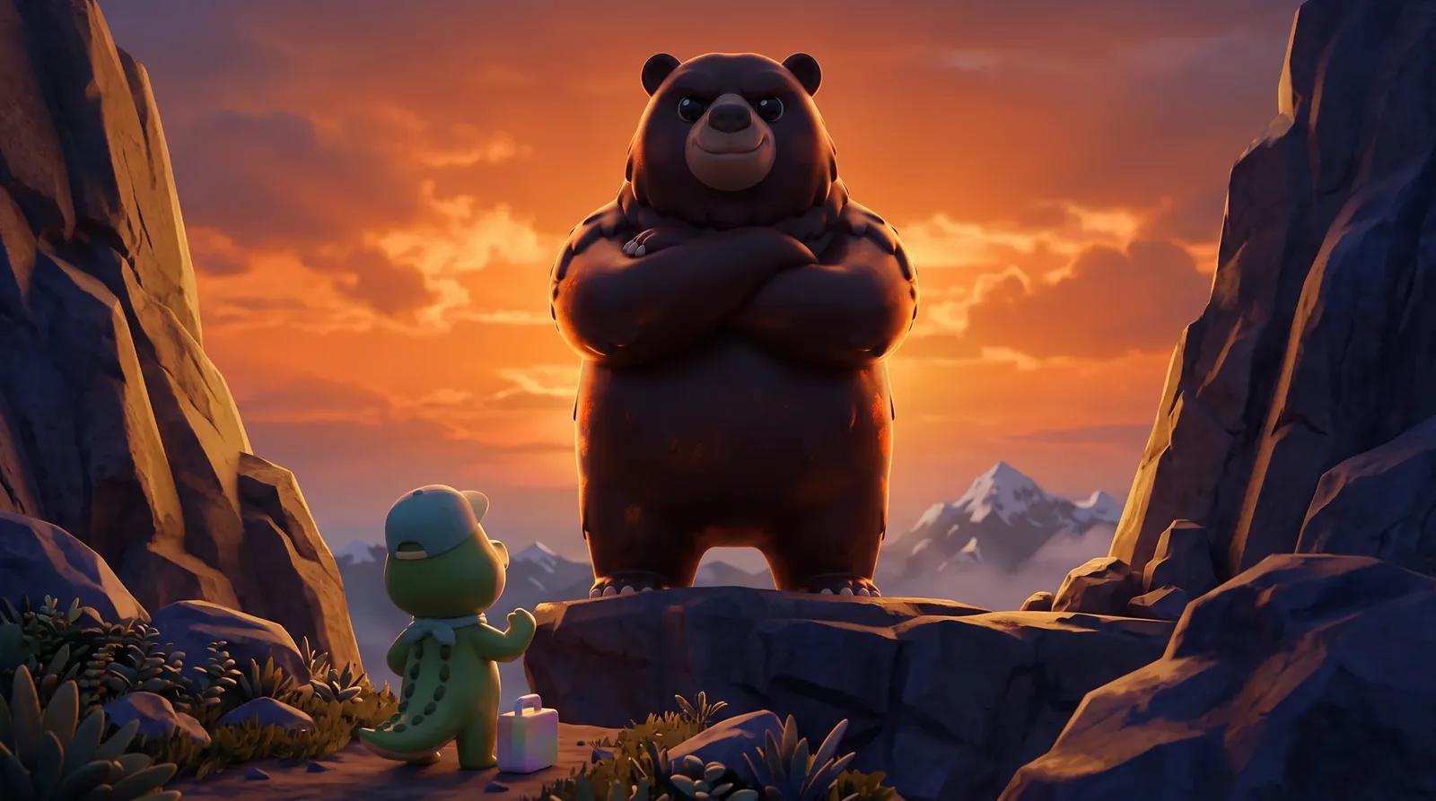 The Boss, a giant grizzly bear, waits on a mountain peak at sunset while Ollie looks up