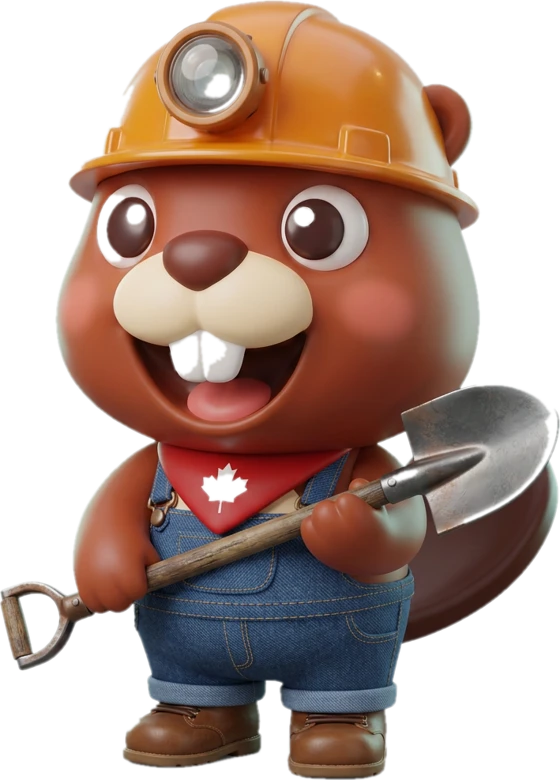 Bucky the beaver in his miner helmet and overalls, holding a shovel