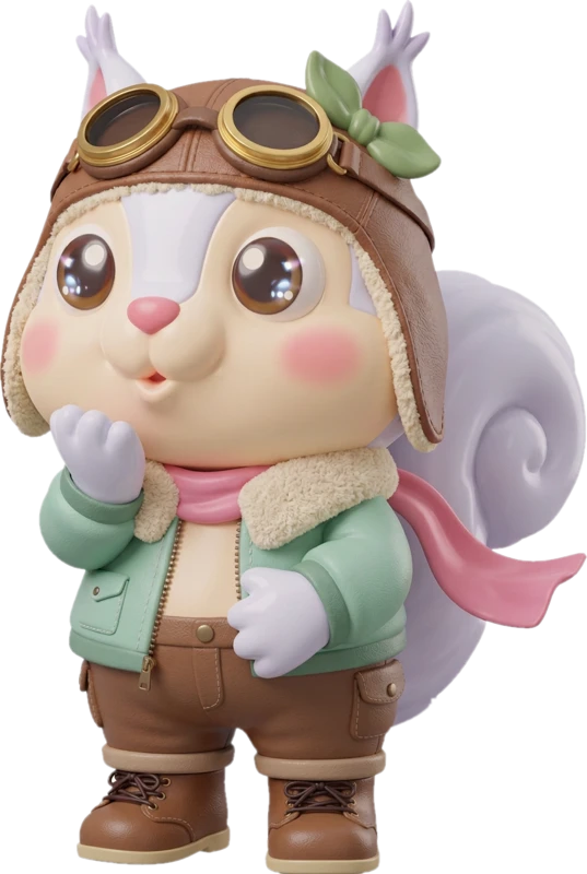 Deisi the squirrel in her pilot cap, goggles and mint flight jacket