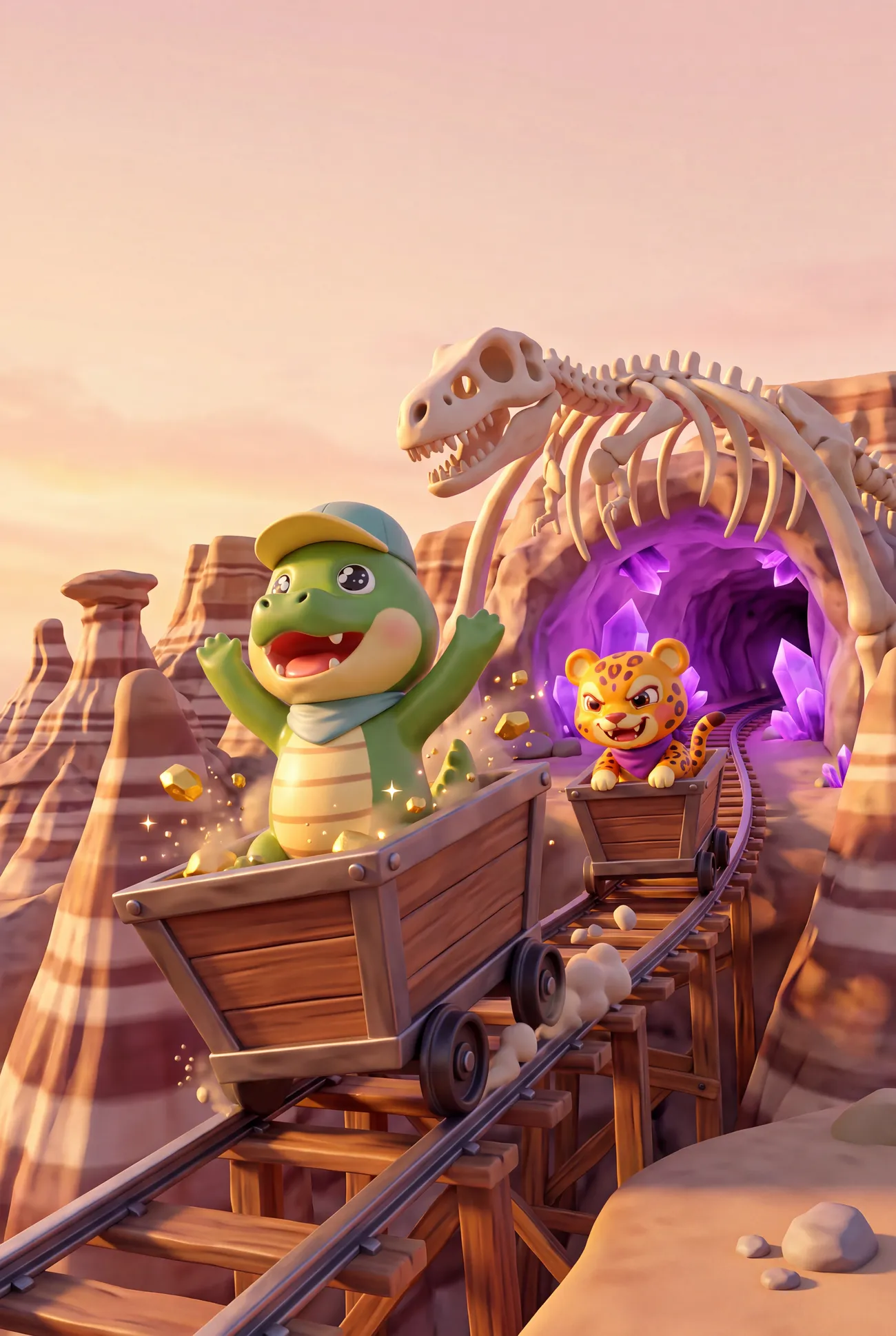 Ollie cheers in his mine cart while Leo chases him out of a crystal mine under a dinosaur skeleton