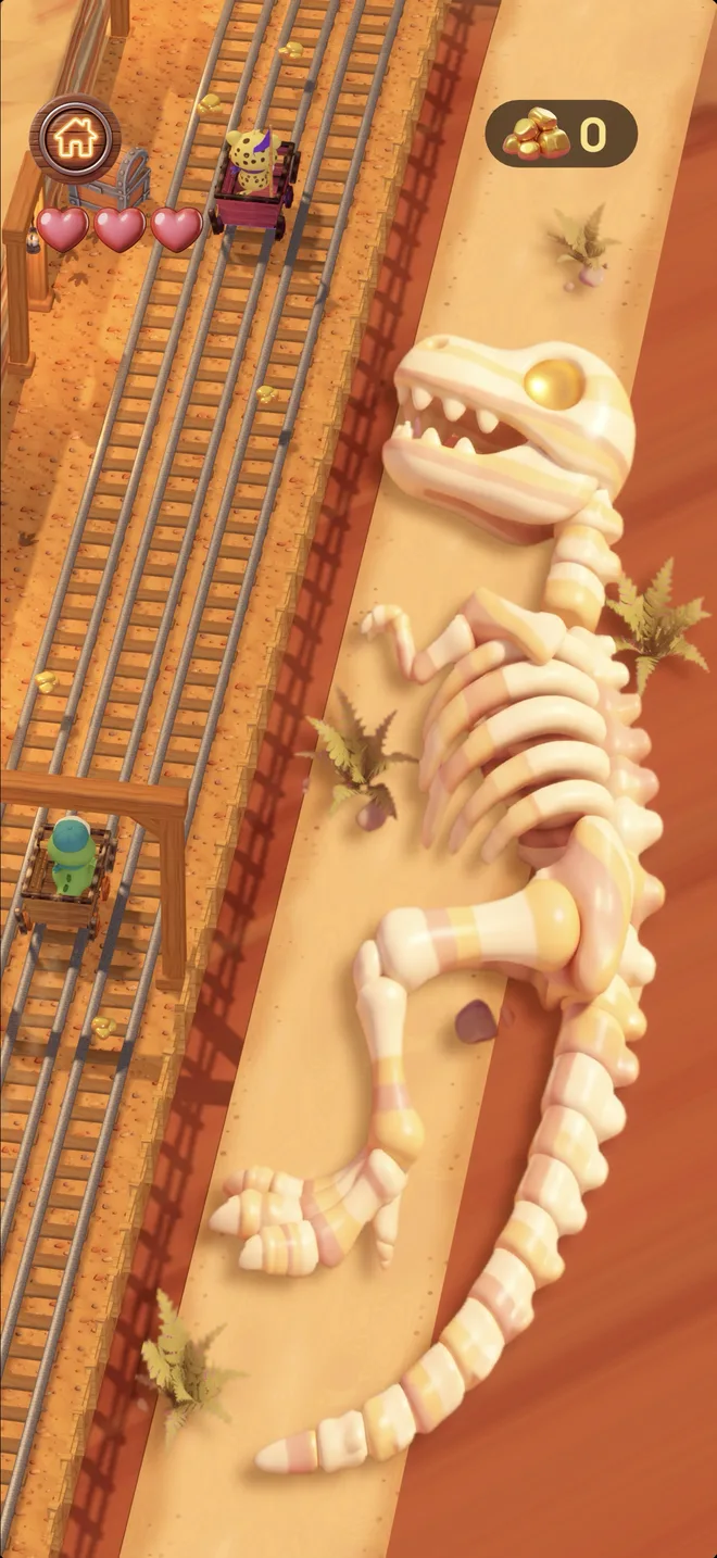 Ollie races Leo on the mine-cart tracks past a giant dinosaur skeleton in the red canyon