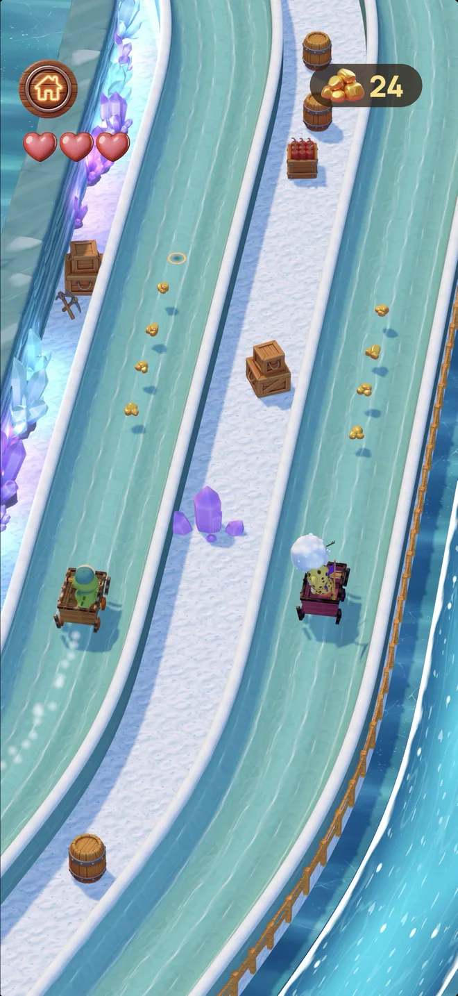 Ollie and Leo race on icy tracks past purple crystals, barrels and gold nuggets