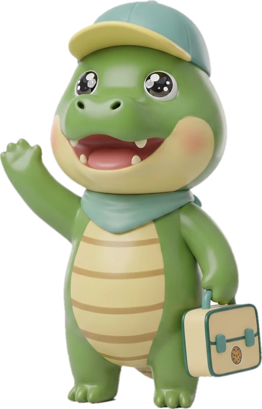 Ollie the alligator, waving and holding his lunchbox
