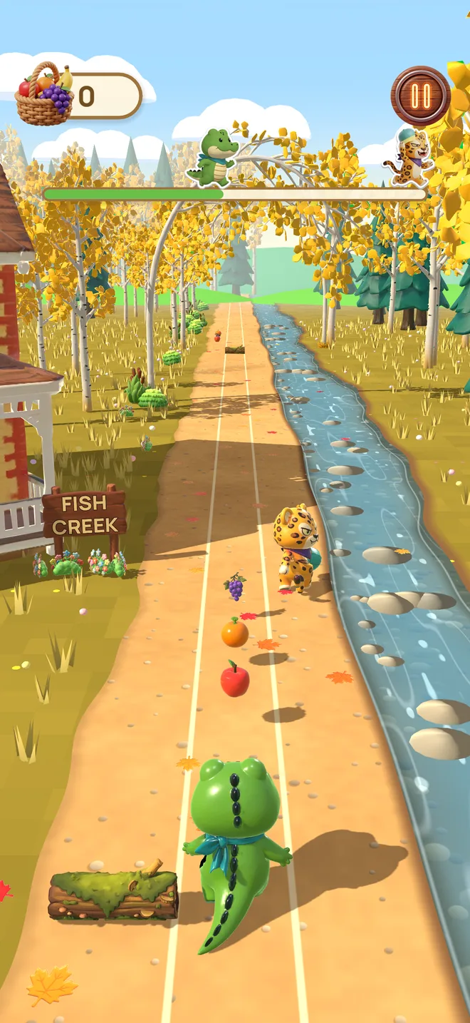 Ollie runs along the creek past the Fish Creek sign, grabbing fruit