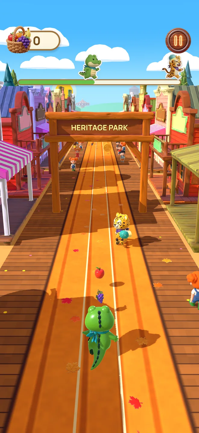 Ollie runs under the Heritage Park arch down a wooden main street