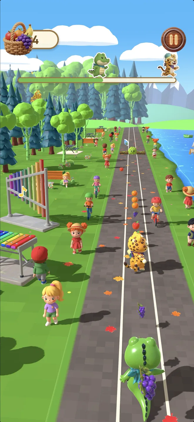 Ollie chases Leo down a busy park path by the river, past kids on bikes and a musical playground