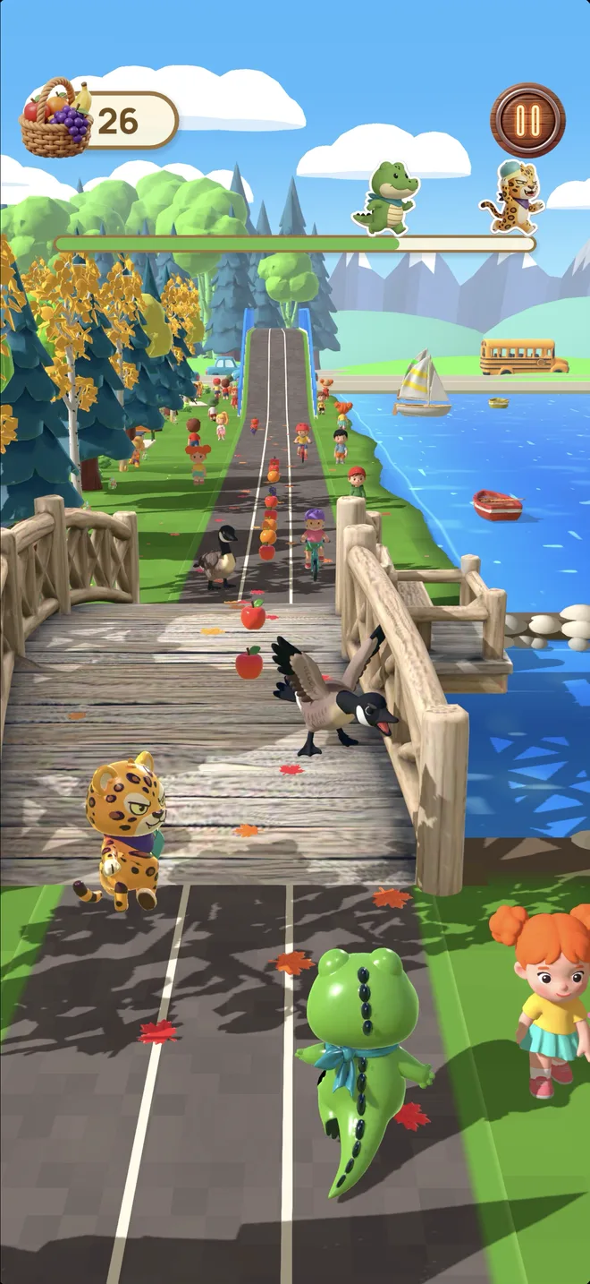 Ollie and Leo race onto a wooden bridge by the lake while a Canada goose flaps its wings