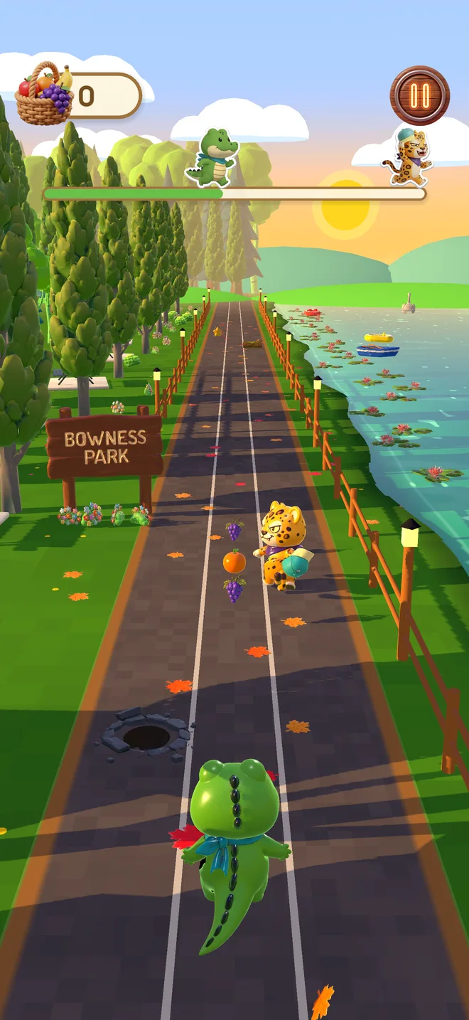 Ollie chases Leo past the Bowness Park sign
