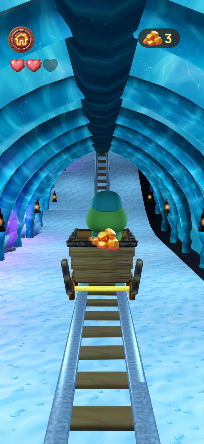 Ollie's mine cart enters a glowing ice tunnel