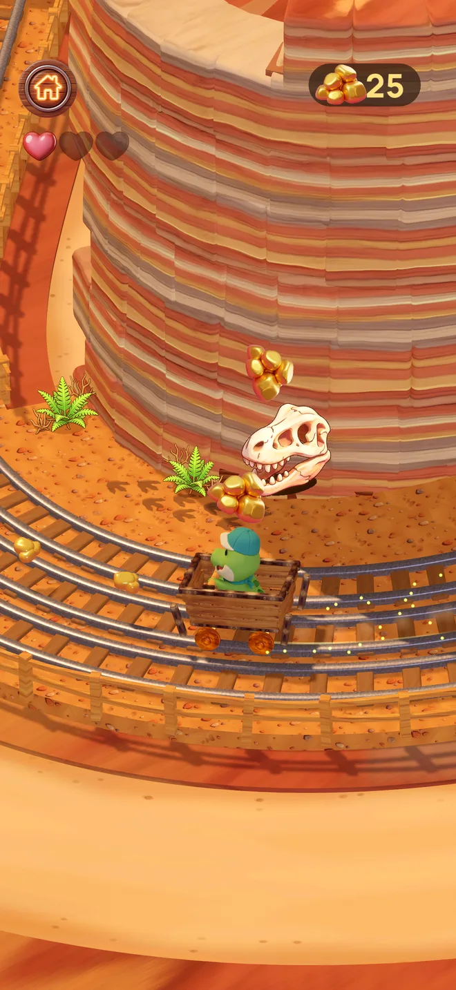 Ollie rides past dinosaur fossils in a red canyon mine