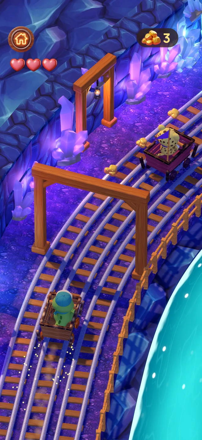 Mine-cart tracks through a purple crystal cave
