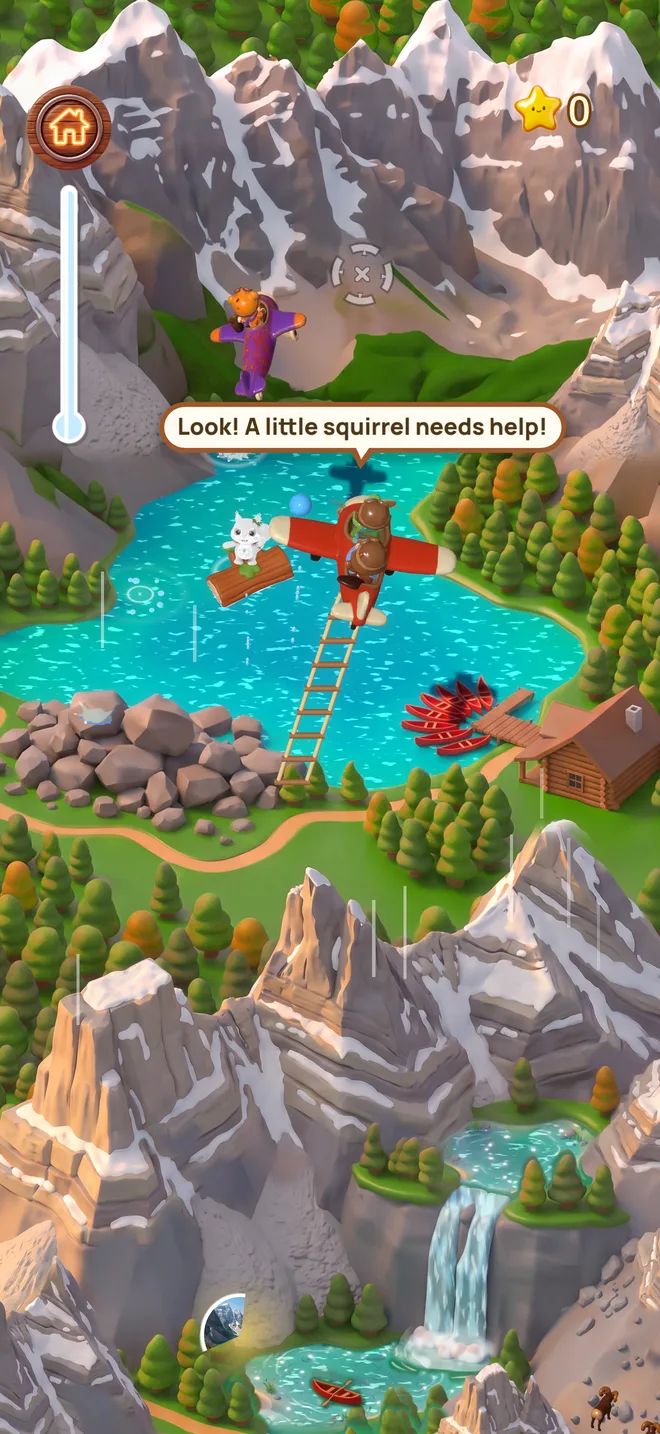 Ollie lowers a ladder from his plane to rescue a squirrel on a lake