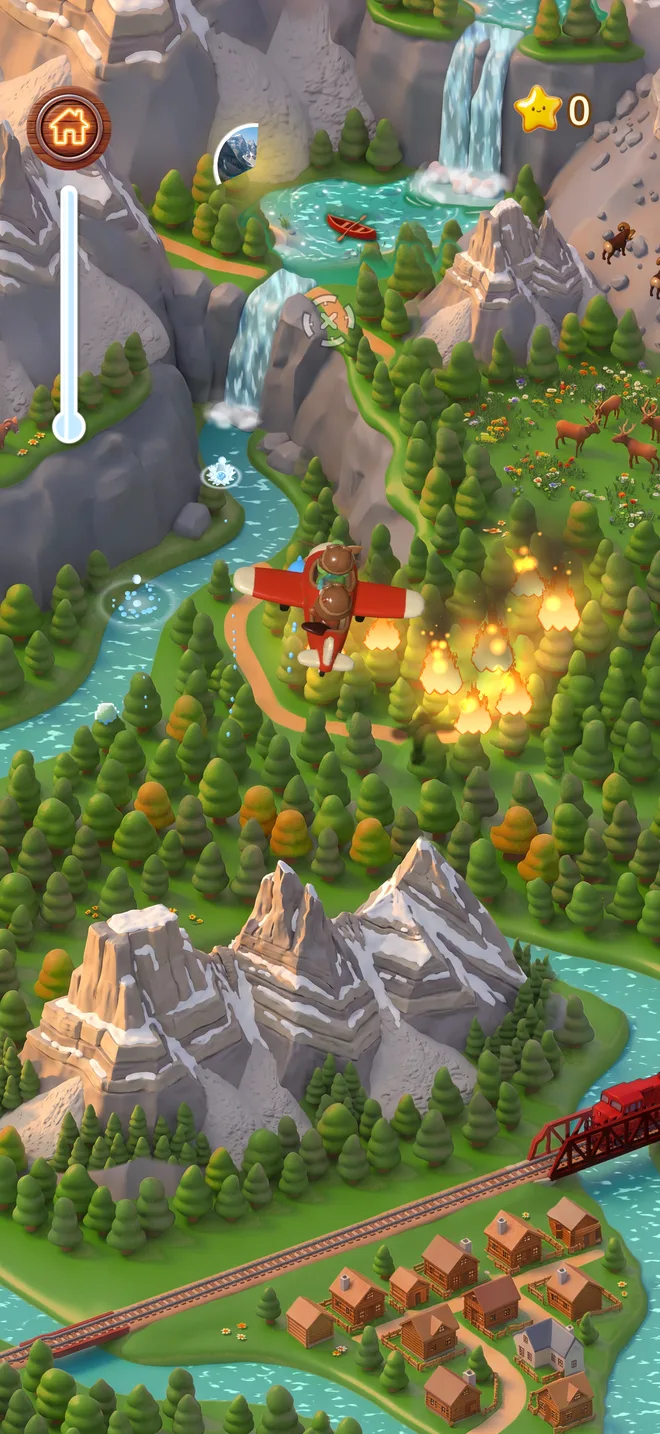 Ollie's plane flies over a forest fire next to a mountain river
