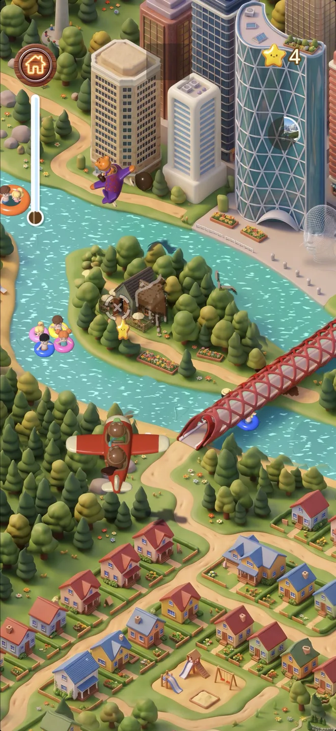 Ollie flies his red plane over the river, a red bridge and the city towers while Leo drops mud from his purple plane