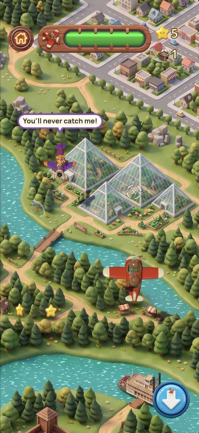 Leo shouts "You'll never catch me!" from his purple plane over glass pyramid greenhouses as Ollie chases him