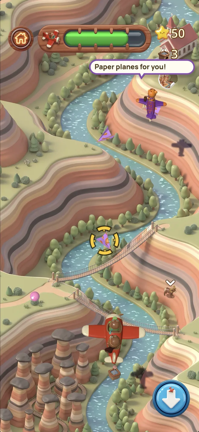 Leo throws paper planes from his purple plane over the striped badlands canyon and hoodoos as Ollie chases him